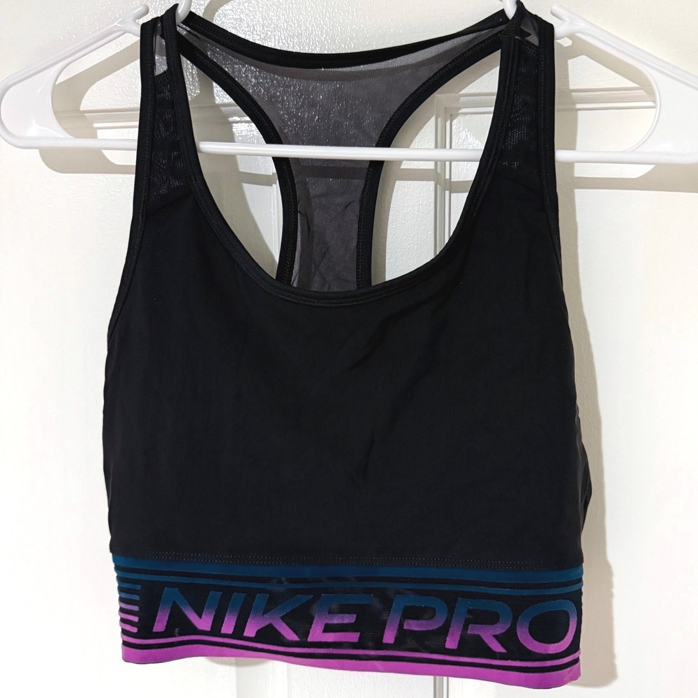 Nike Pro Womens Black Racerback Sports Bra Purple Blue Gradient Logo Band Large